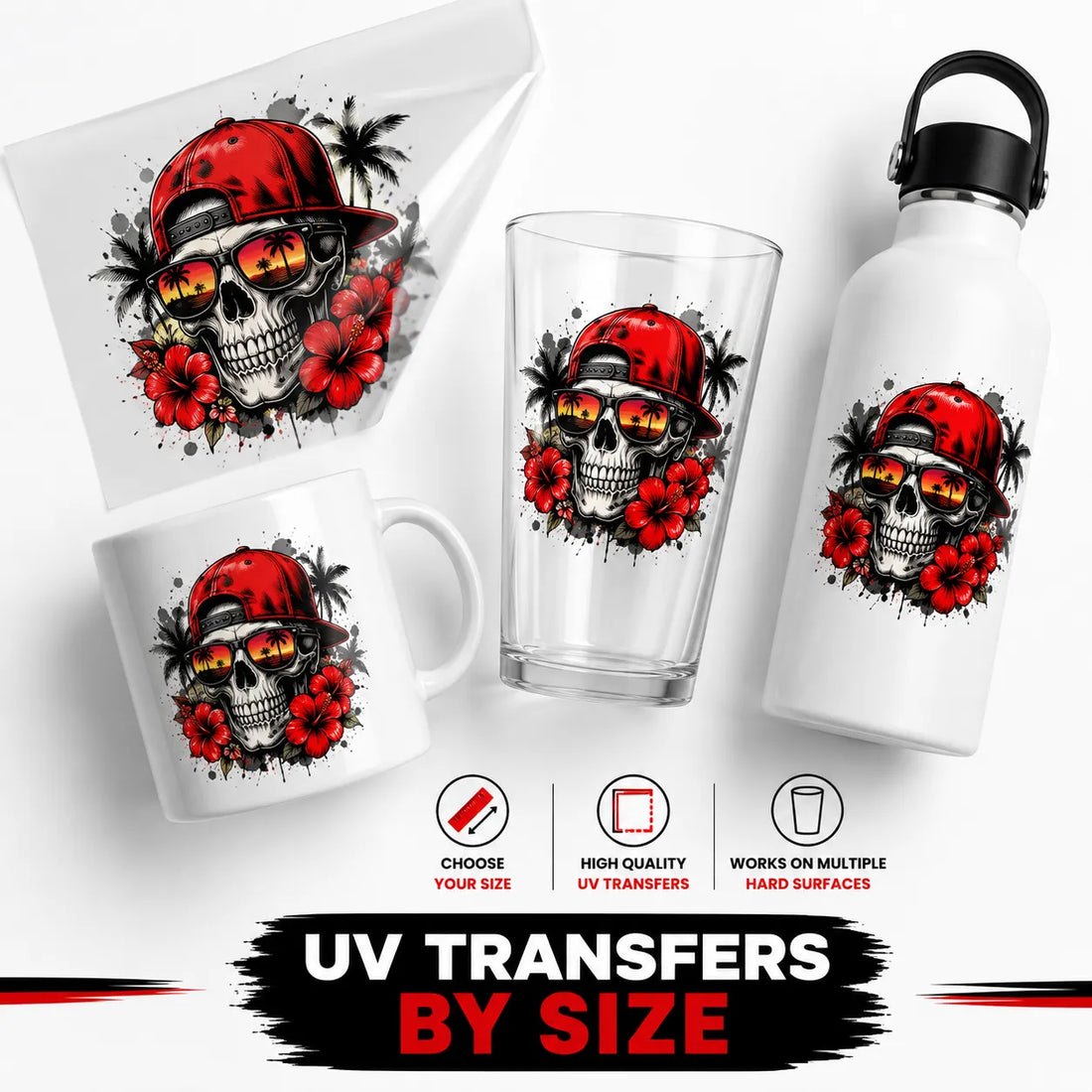 UV-DTF design shown on its carrier sheet, a ceramic mug, a pint glass and a water bottle