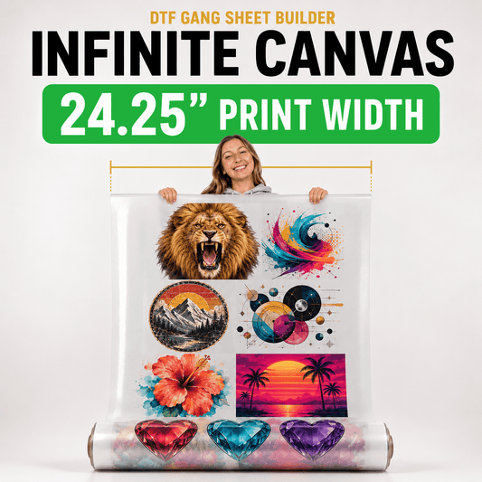 Infinite Canvas DTF gang sheet builder with 24.25-inch print width and continuous rolled film