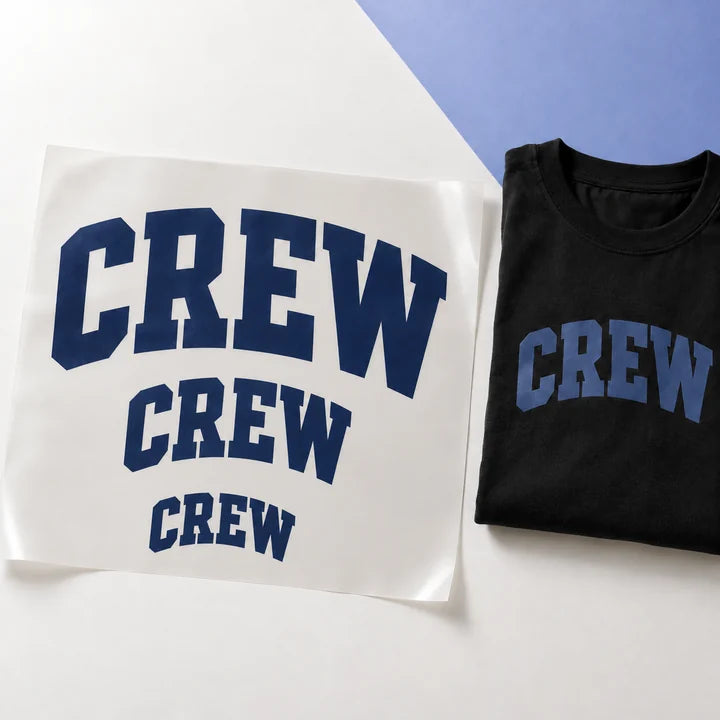 Mockup: one DTF design in three sizes on a single film, with a smaller shirt application example