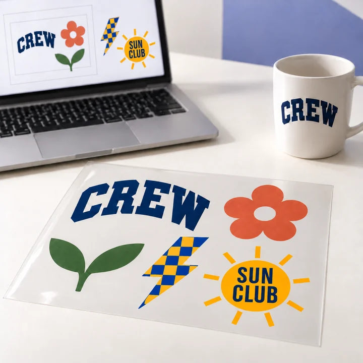 Mockup: a UV-DTF sheet and conceptual design canvas, with a mug application example